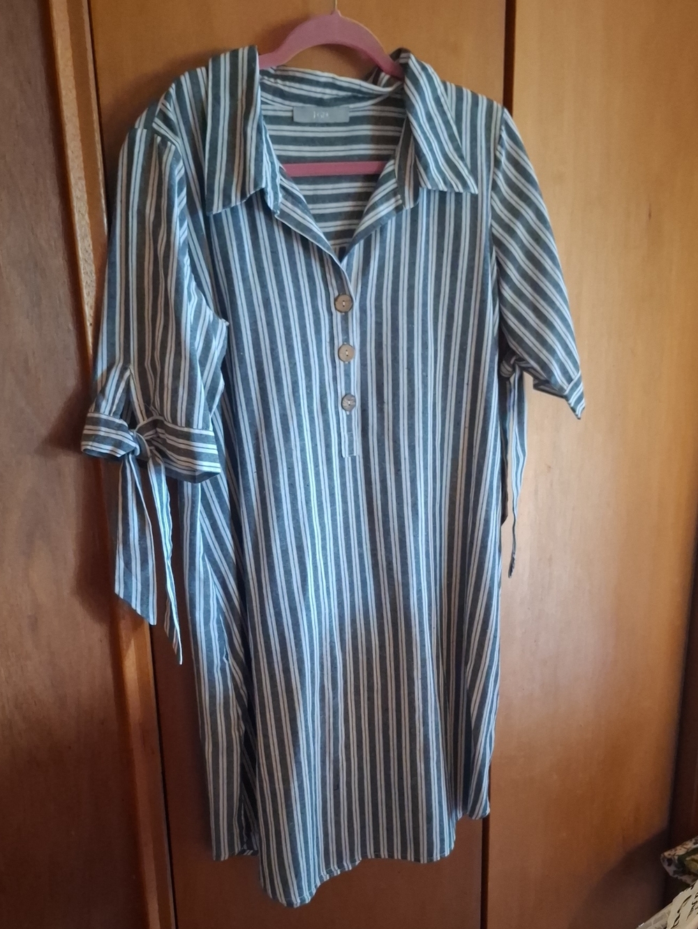 J. Gee Blue & White Striped Midi Shirt Dress with Tie Sleeves
